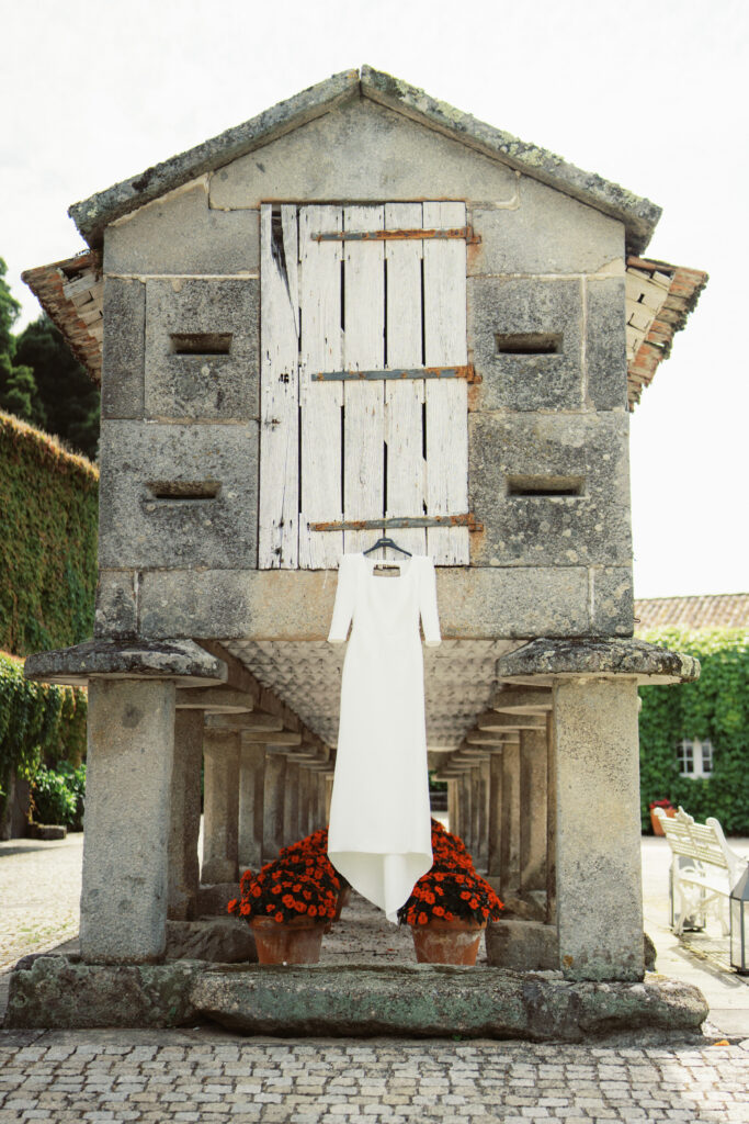 Wedding dress hanging on the Horreo, Pazo Señorans